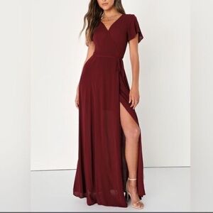 Lulu's Burgundy High Low Flutter Sleeve Wrap Dress Size Small